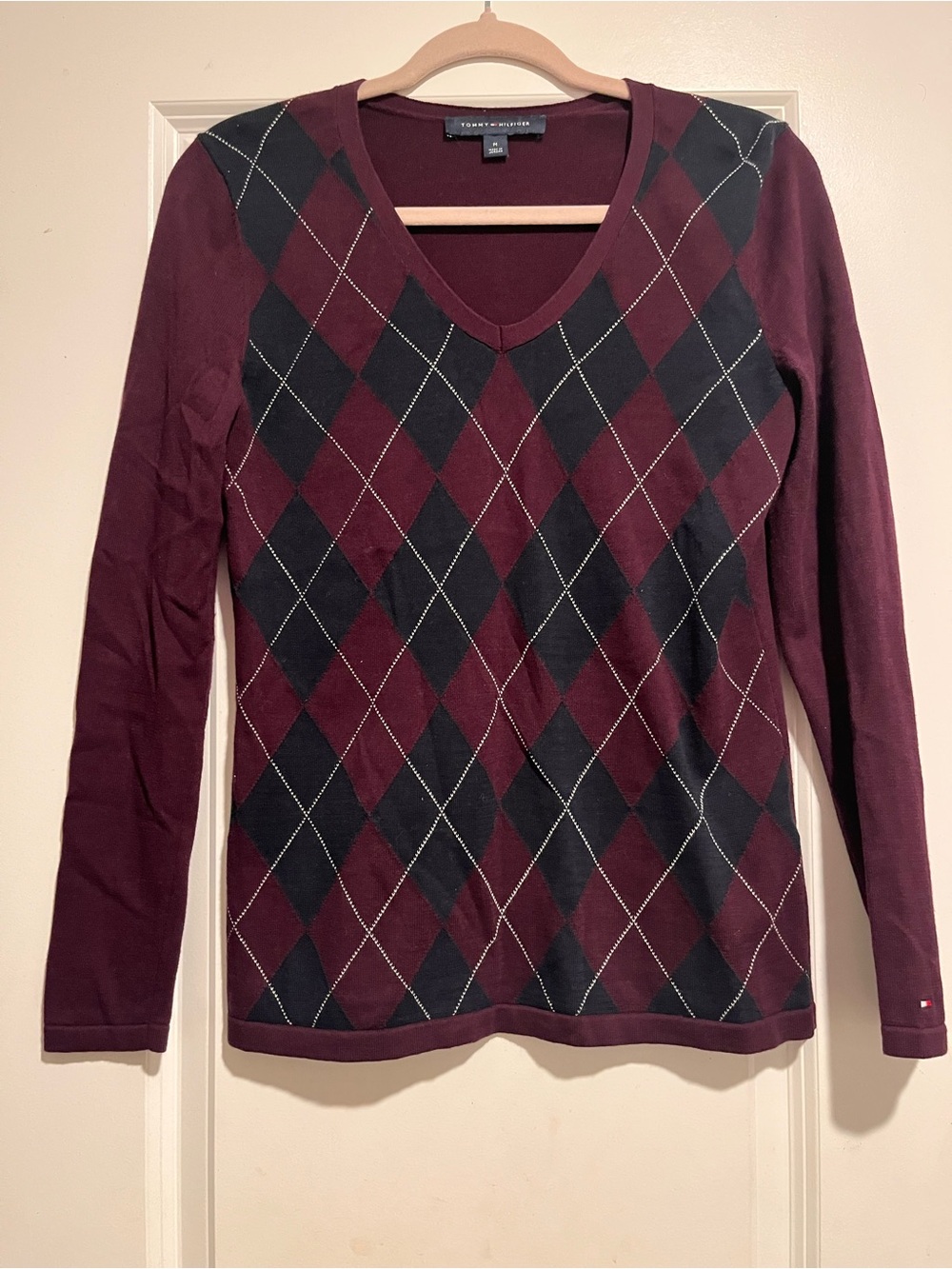 Tommy Hilfiger Burgundy and Black Argyle V‑Neck Long Sleeve Top